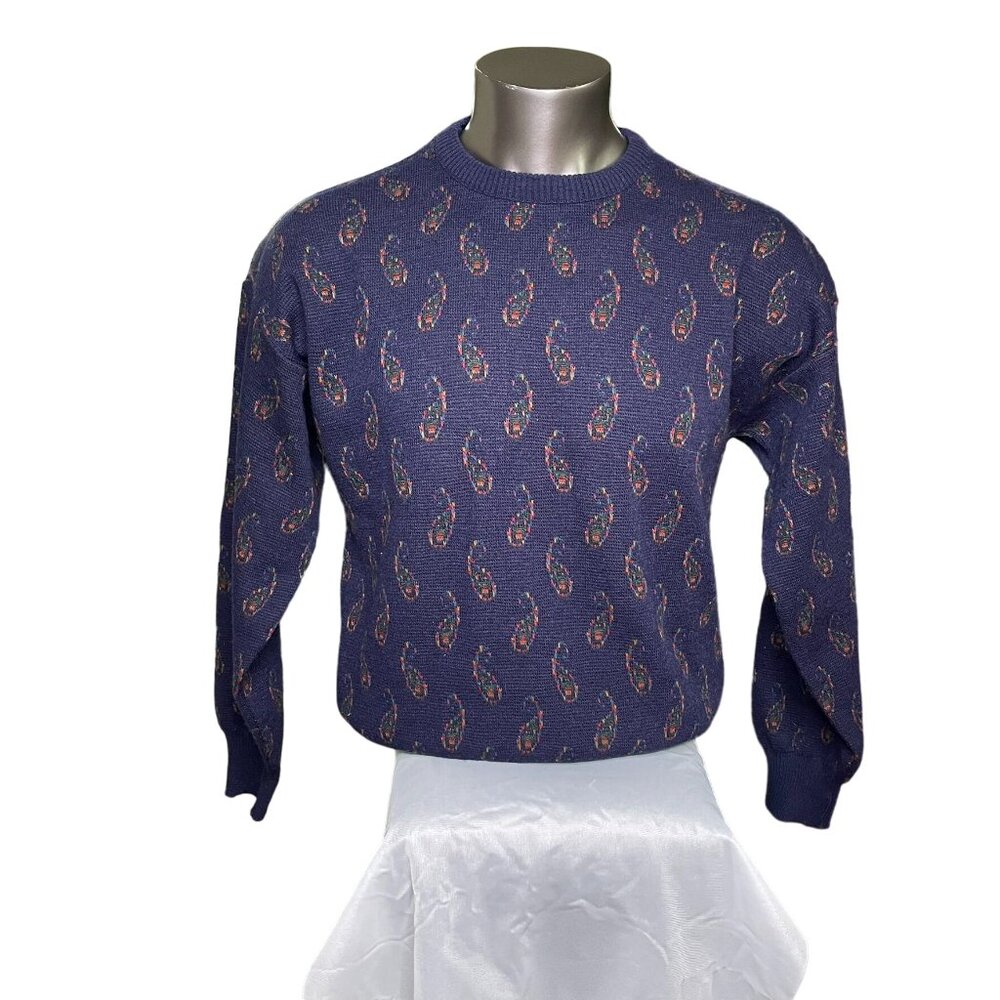 Vintage 80s Italy Made Sweater Paisley Print Acrylic Wool Mens Size L u - Picture 3 of 7